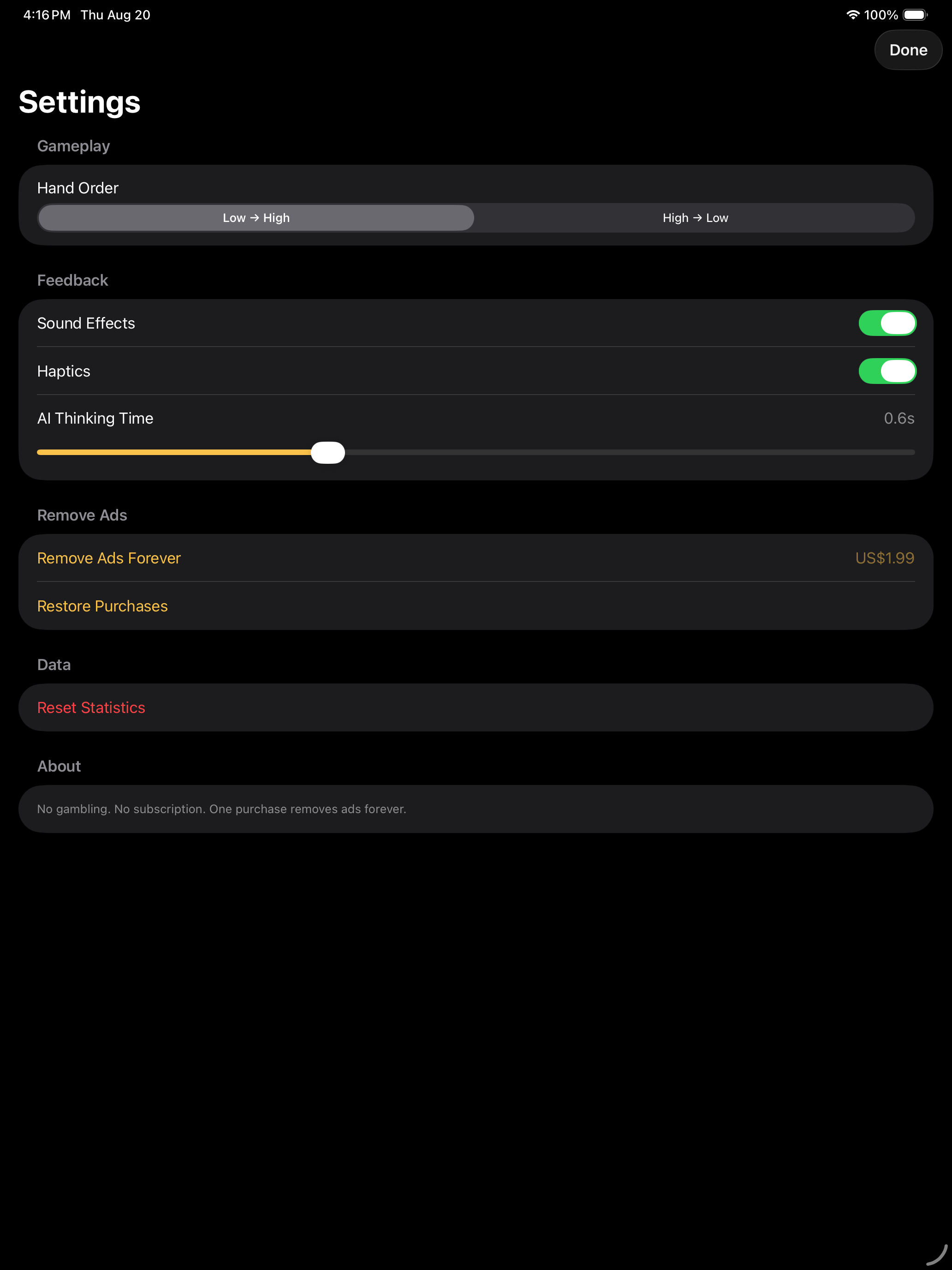 Settings screen on iPad