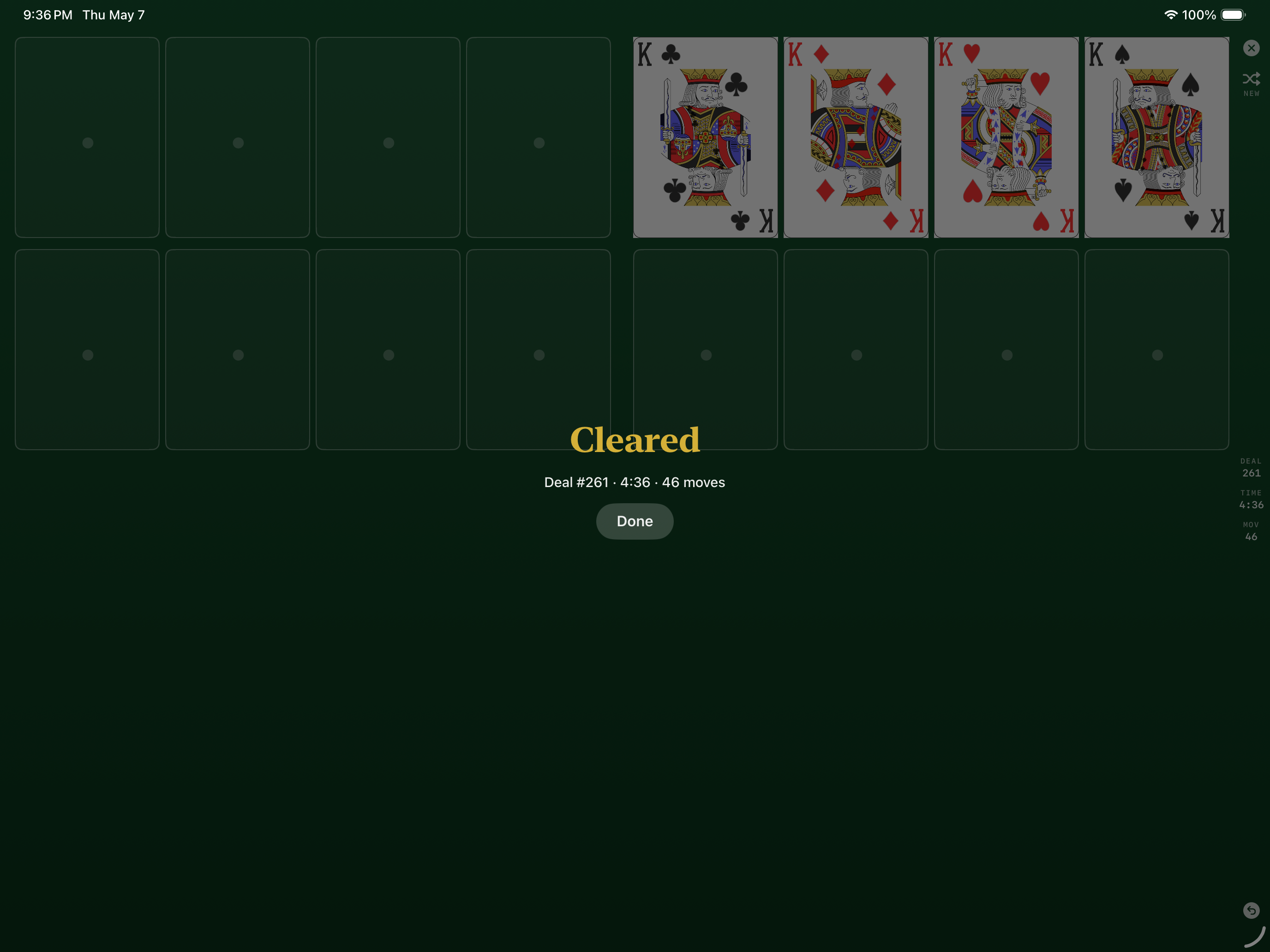 A cleared FreeCell deal on iPad