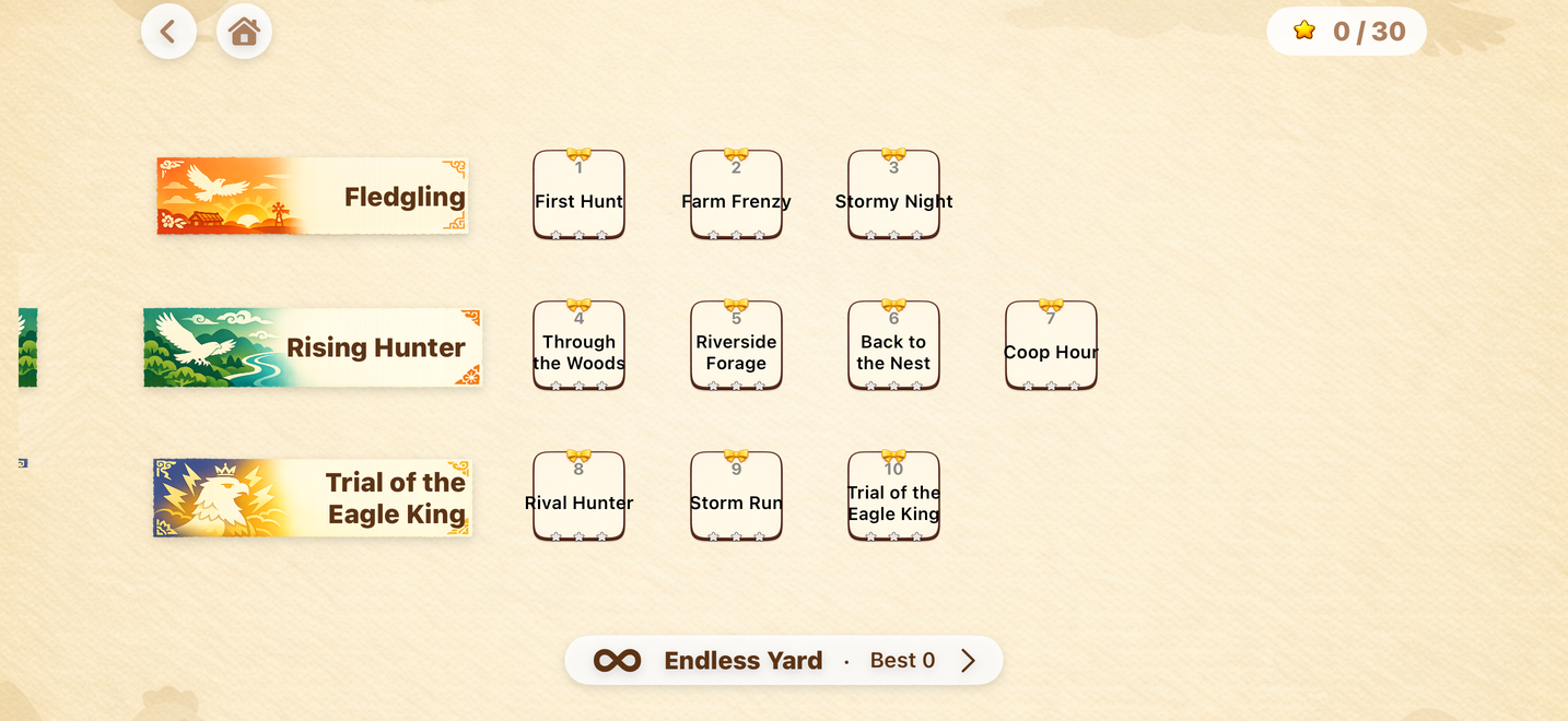 Level select with three chapters and Endless Yard, iPhone