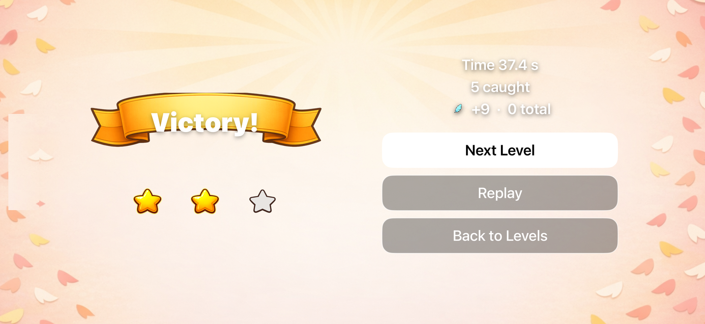 Victory screen with stars and confetti, iPhone