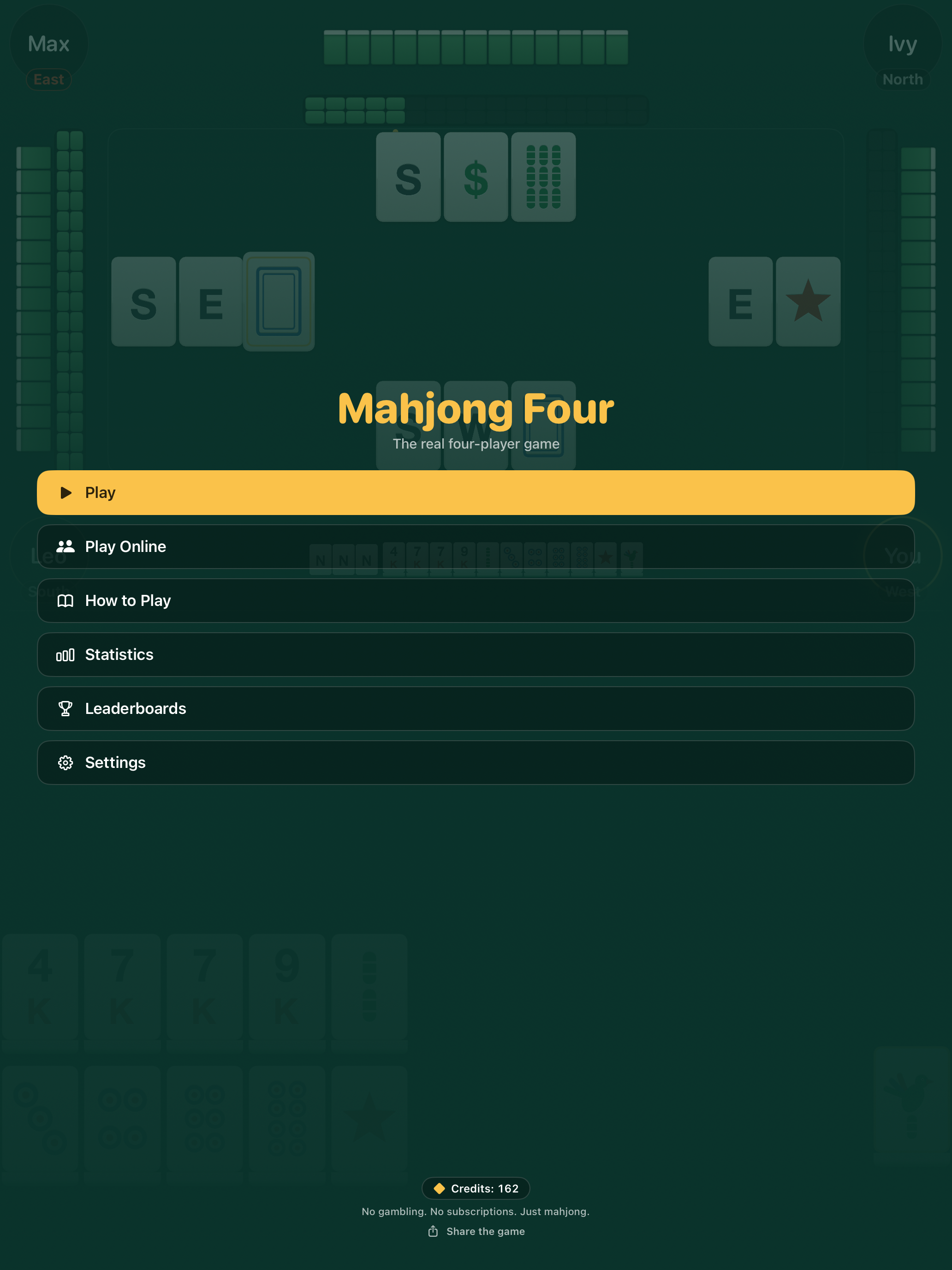 Mahjong Four main menu on iPad