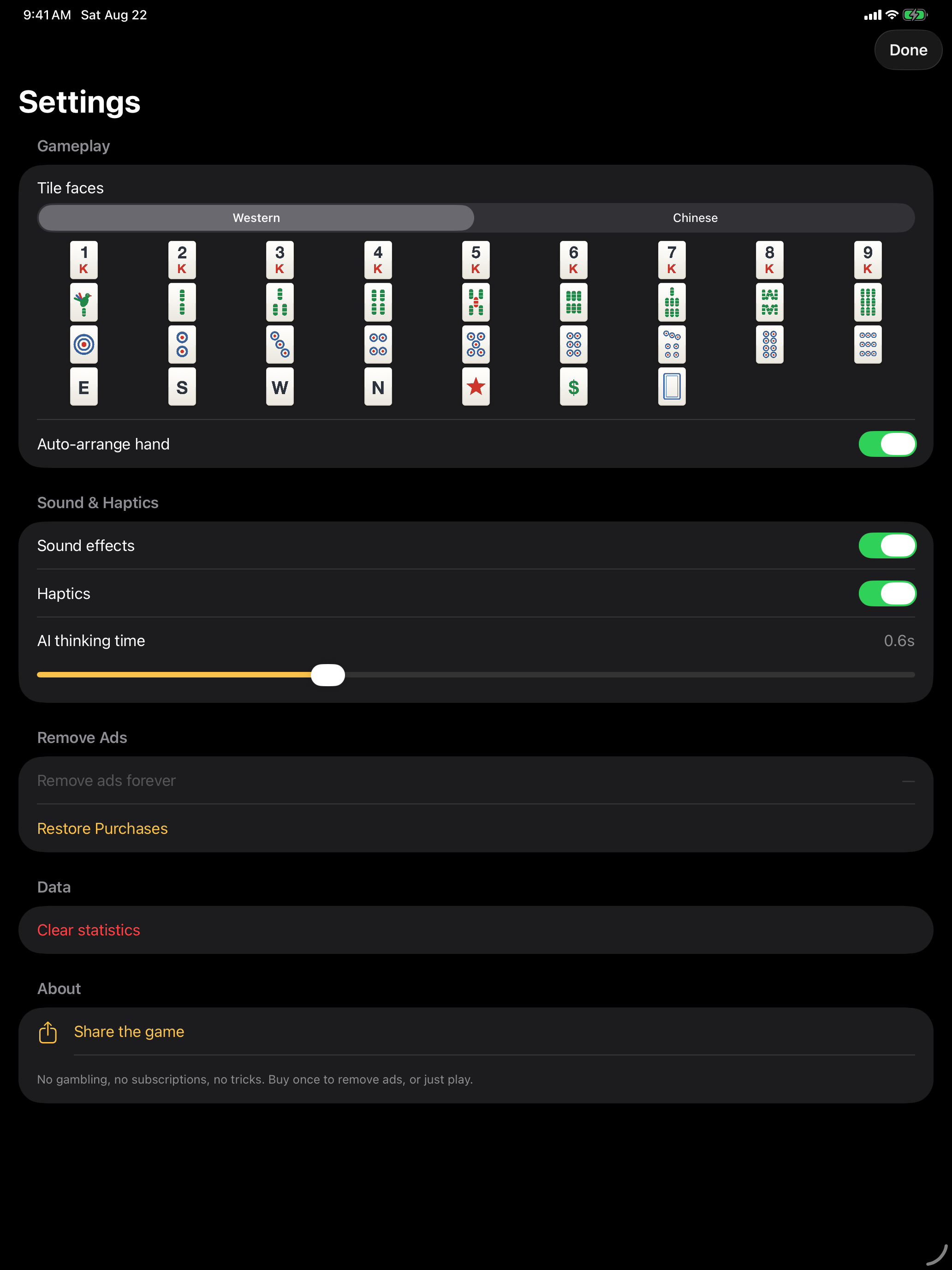 Settings screen on iPad
