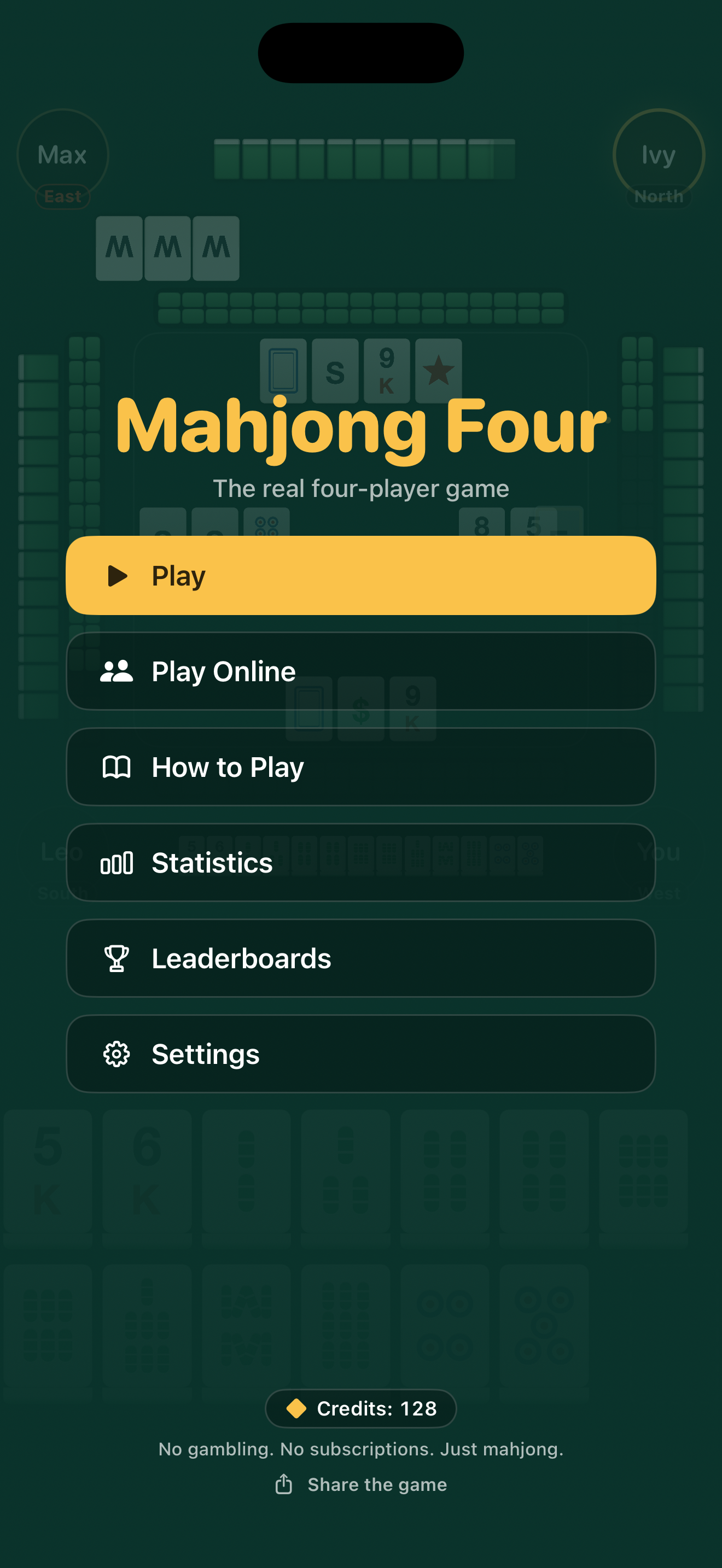 Mahjong Four main menu on iPhone